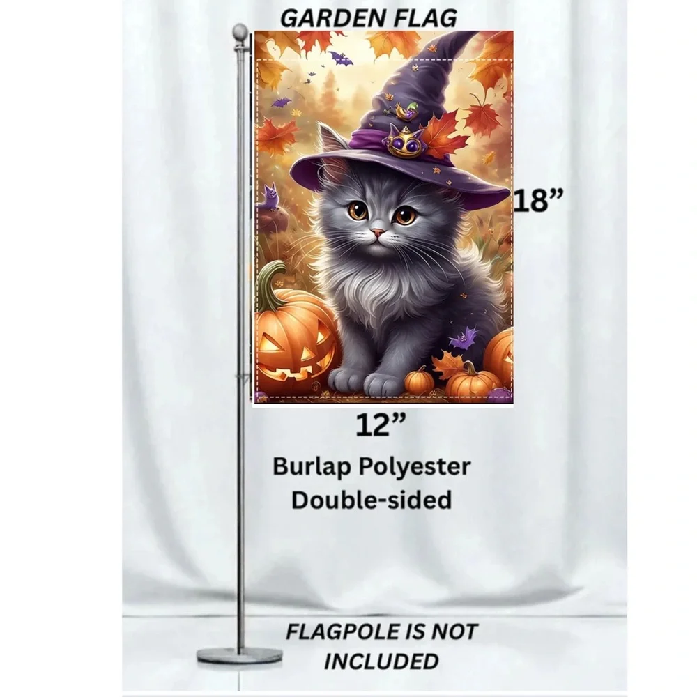 Garden Flag, 12”x18”, Halloween Witch Cat, Burlap Polyester Doublesided